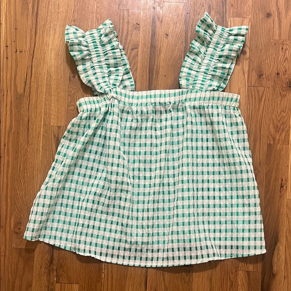 THML Green and White Gingham Ruffle Strap Tank